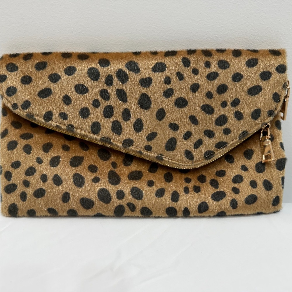 Leopard Print Calf Hair Envelope Clutch Bag - Fold Over Zip Pouch - NWT